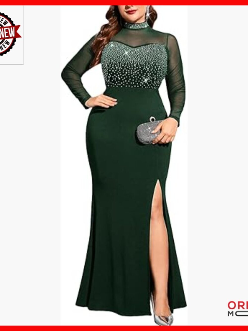 Plus Size Sparkly Maxi Dress Sheer Mesh Long Sleeve Mock Neck Mermaid Evening